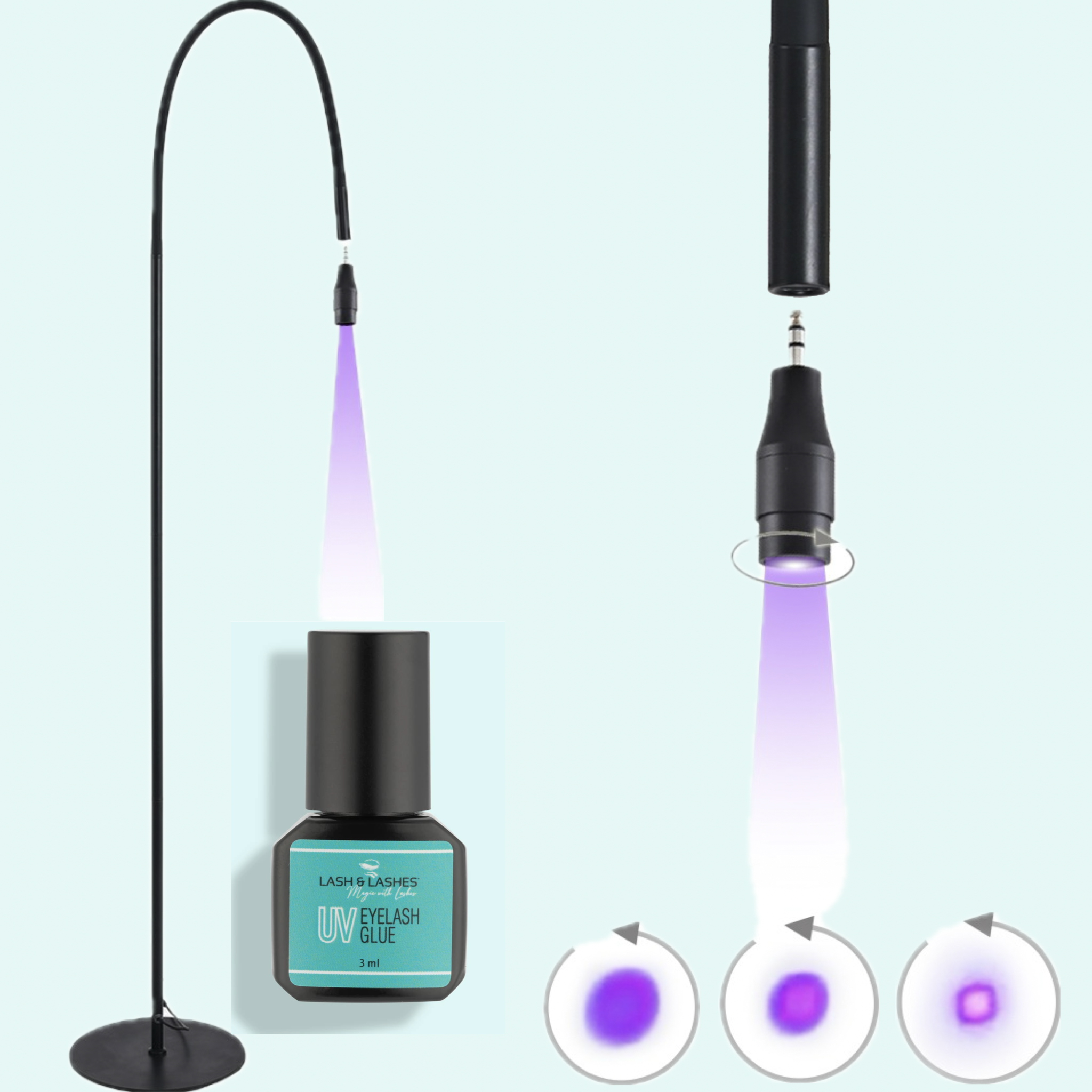 UV / LED Lámpa Forgatható Fejjel, Állítható Fókusszal + UV / LED Szempillaragasztó 3 ml.
