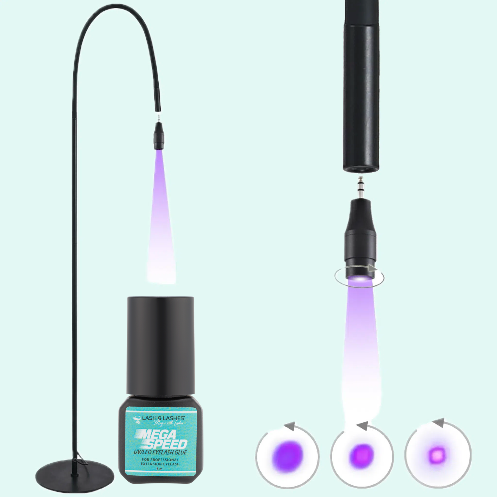 UV / LED Lámpa Állítható Fókusszal + Mega Speed UV / LED Clear Szempillaragasztó 3 ml.