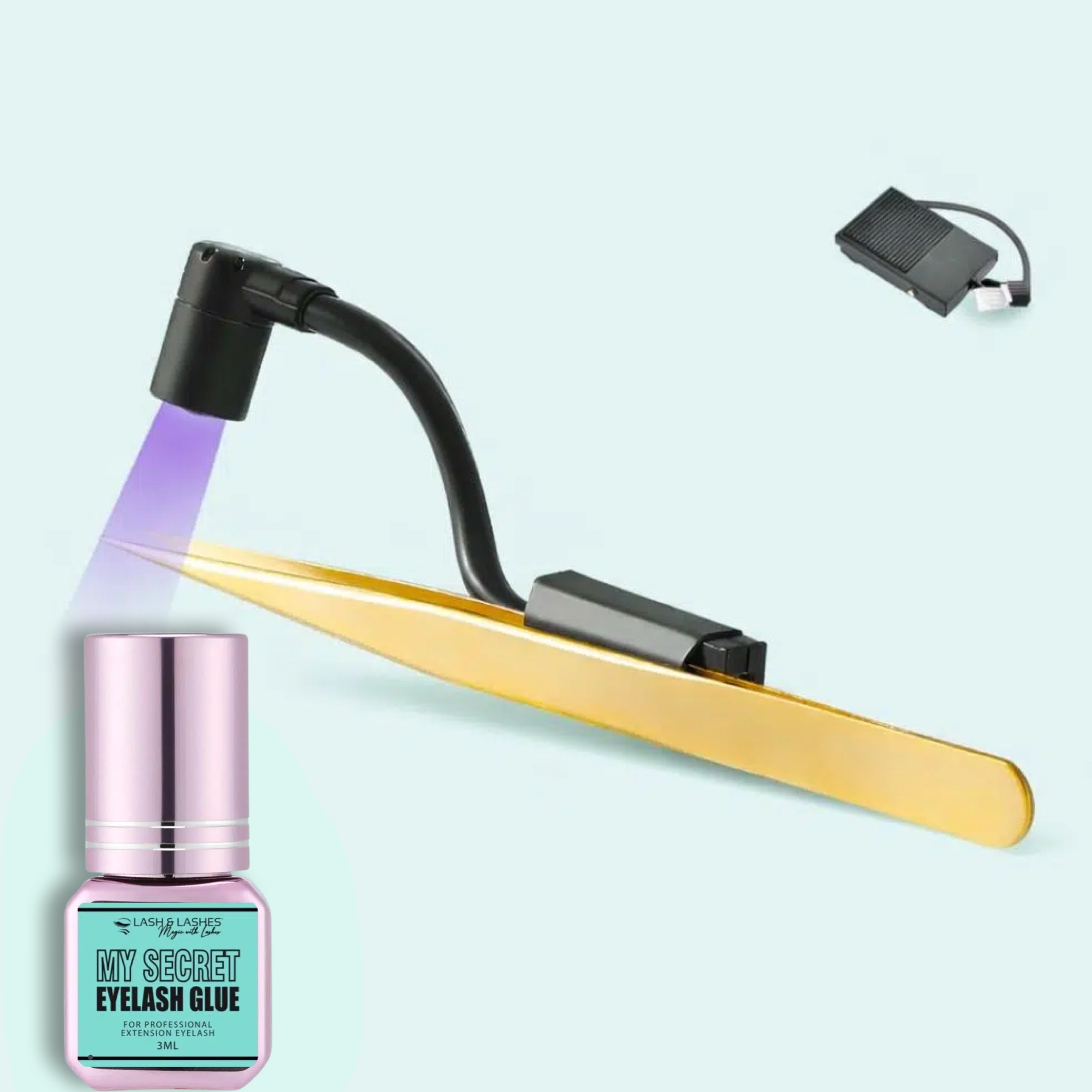 Csipeszes, Mini UV/LED Lámpa Pedál Vezérléssel + My Secret UV/LED Clear Szempillaragasztó 3g