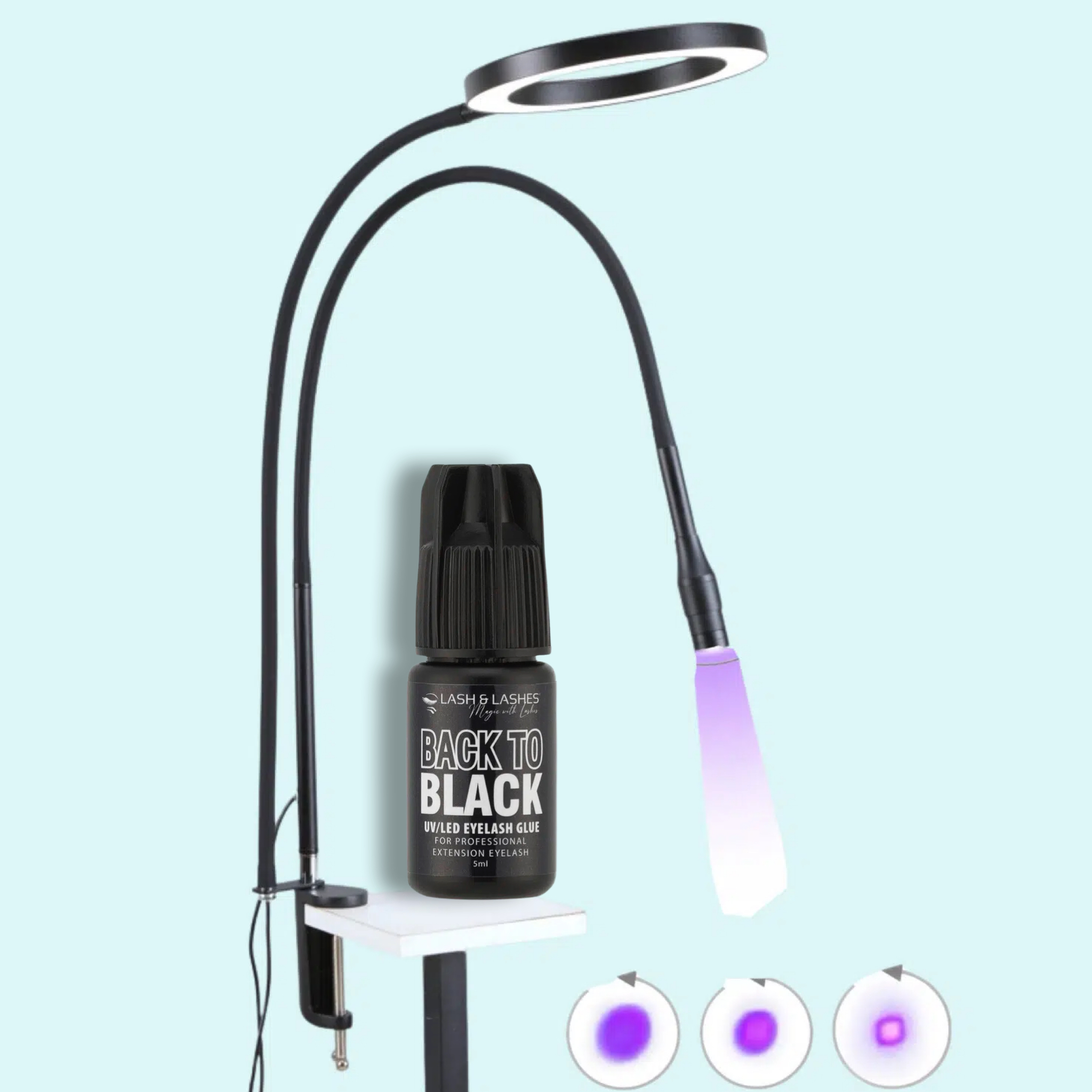 Asztalra Rögzíthető Duo UV / LED Lámpa Állítható Fényerővel és Fókusszal + Back-To Black UV/LED Fekete Szempillaragasztó