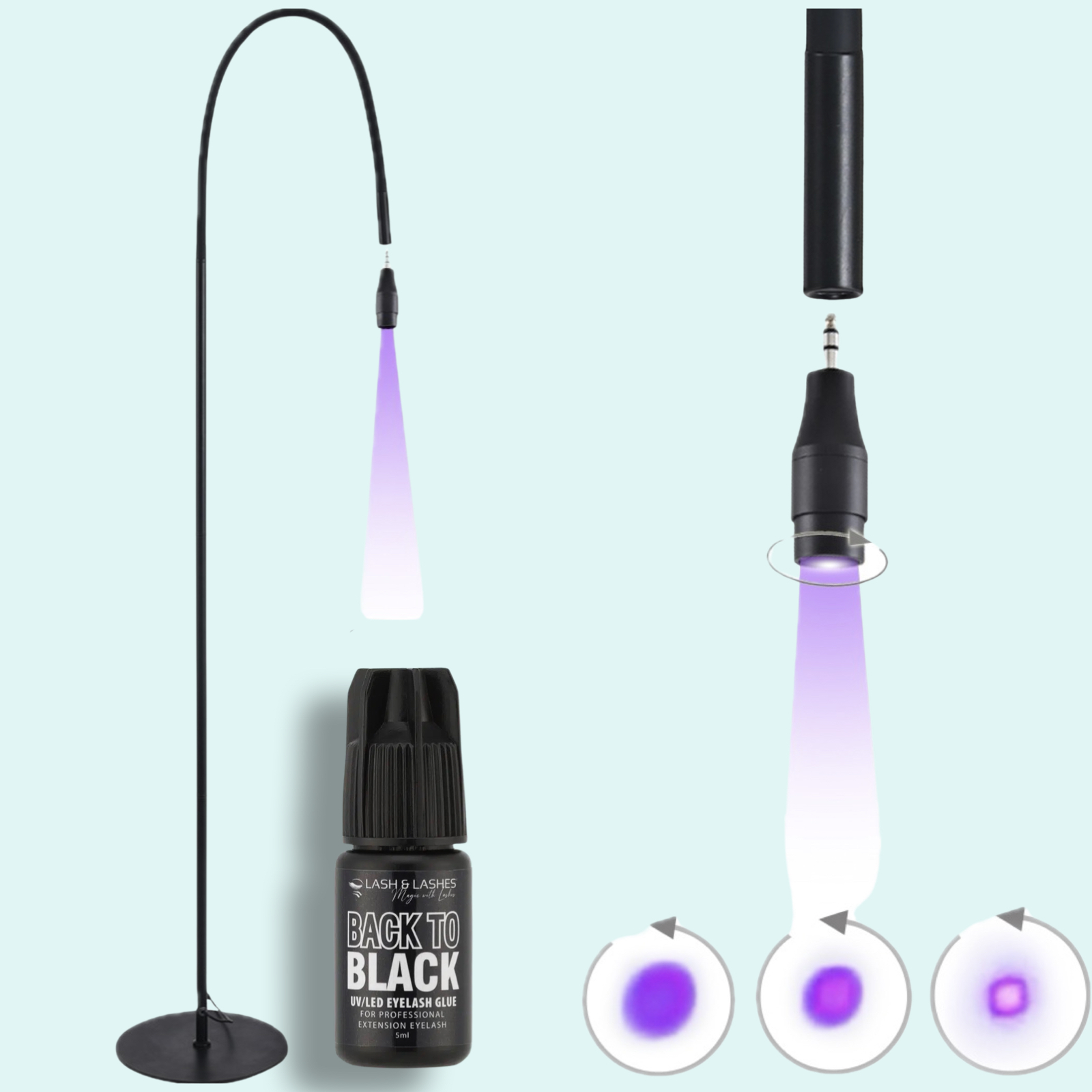 UV / LED Lámpa Állítható Fókusszal + Back-To Black UV/LED Fekete Szempillaragasztó 3ml.