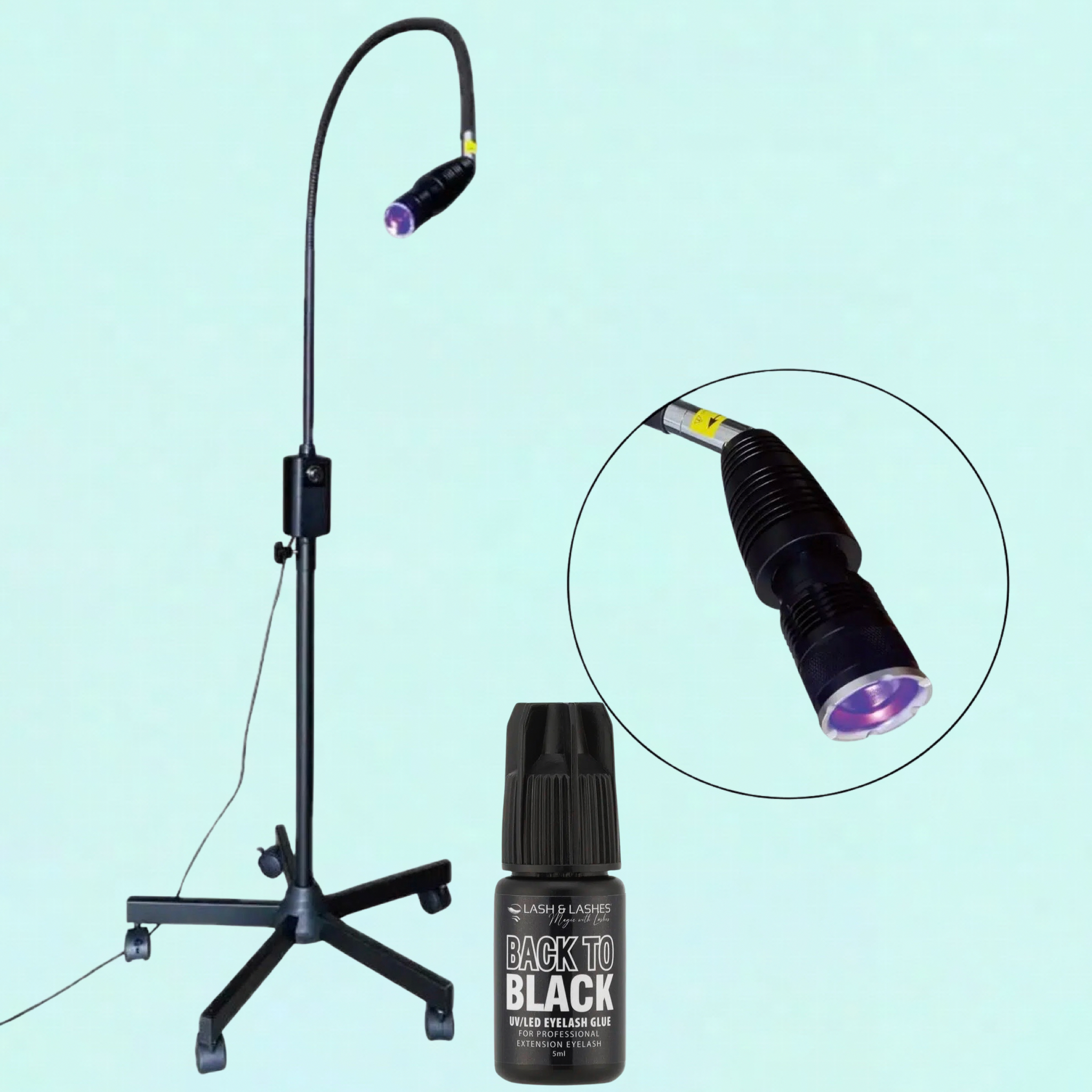 UV / LED Lámpa Forgatható Fejjel, Állítható Fókusszal + Back-To Black UV/LED Fekete Szempillaragasztó 3 ml.